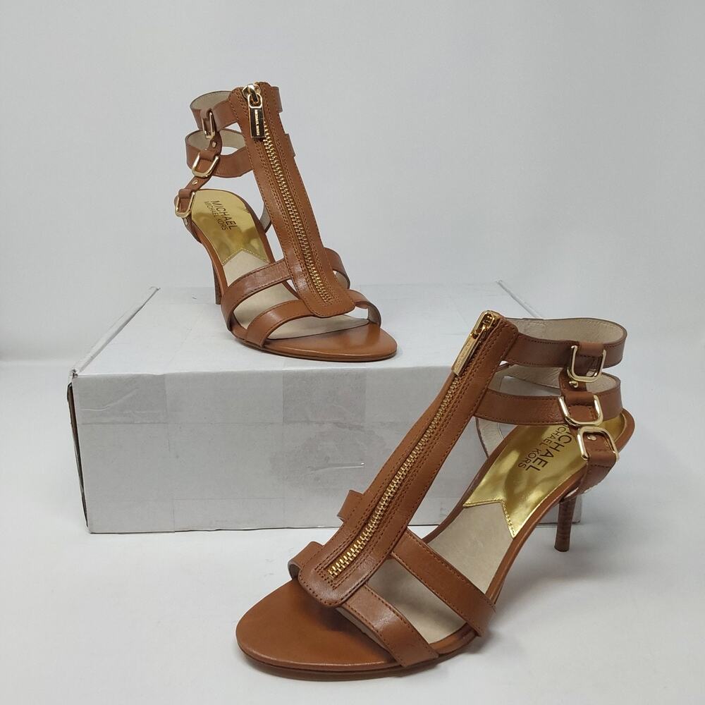 Michael Kors Brown Leather T-Strap Heels Gold Zip Sandals Womens Size 7.5